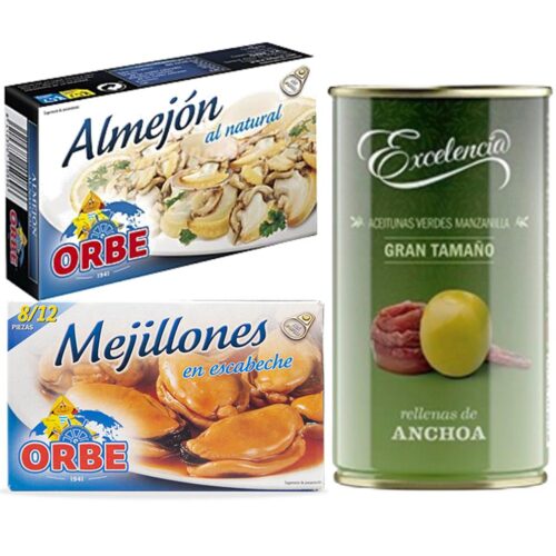 V012 - Pack for Vermouth composed of: Clams, mussels and olives stuffed with anchovies